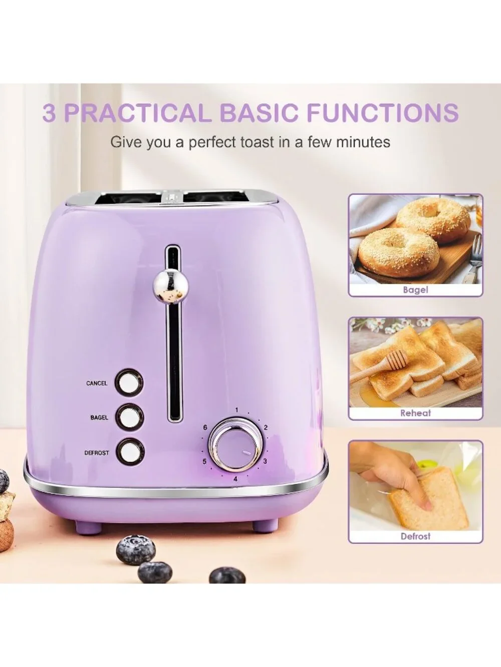 2 Slice Purple Retro Stainless Steel with Bagel Defrost Functions Toaster